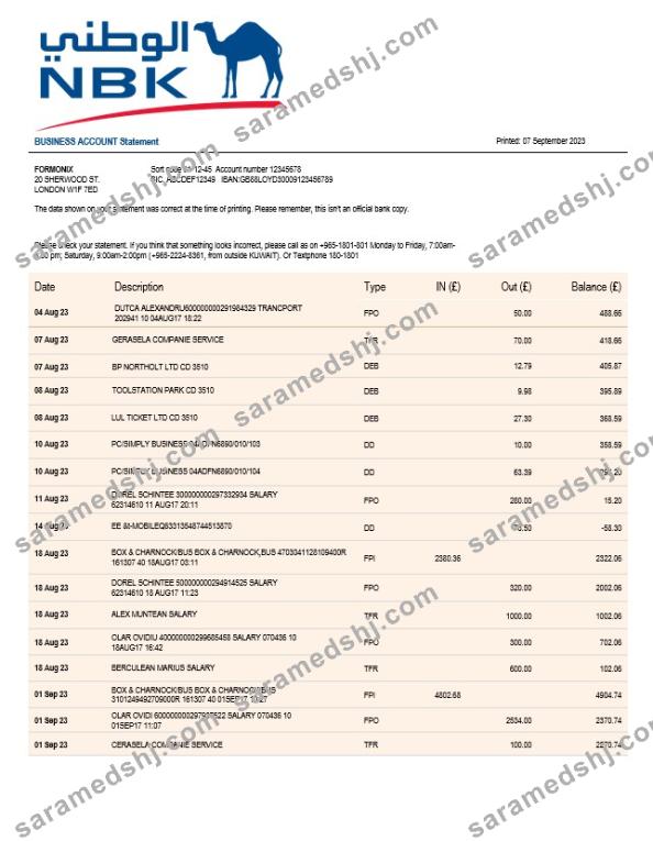 NBK Bank business statement Word and PDF template